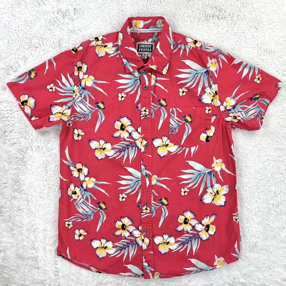Cornerstone Bodega Floral Hawaiian‎ Shirt Tropical Print Button Up Red Size M